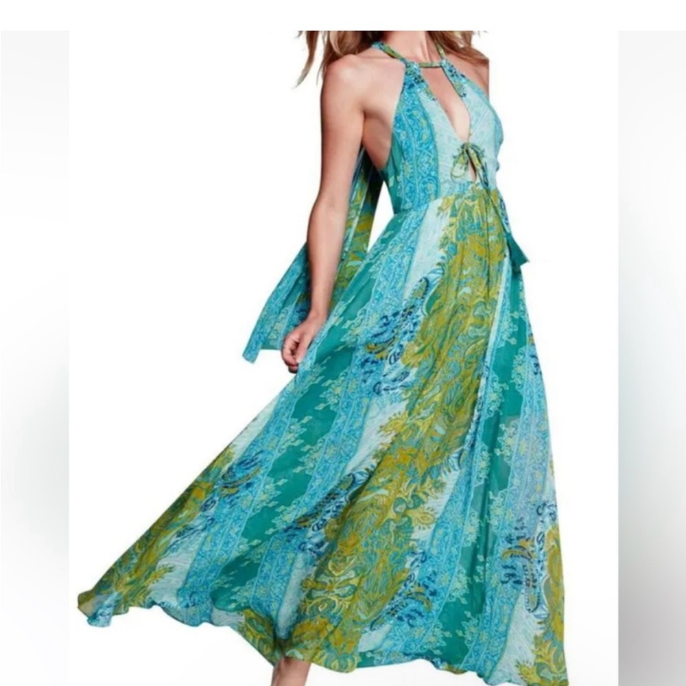 Vibrant FREE PEOPLE Teal and Lime Backless Maxi Dress